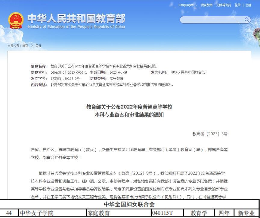 中華女子學院獲批新增家庭教育本科專業